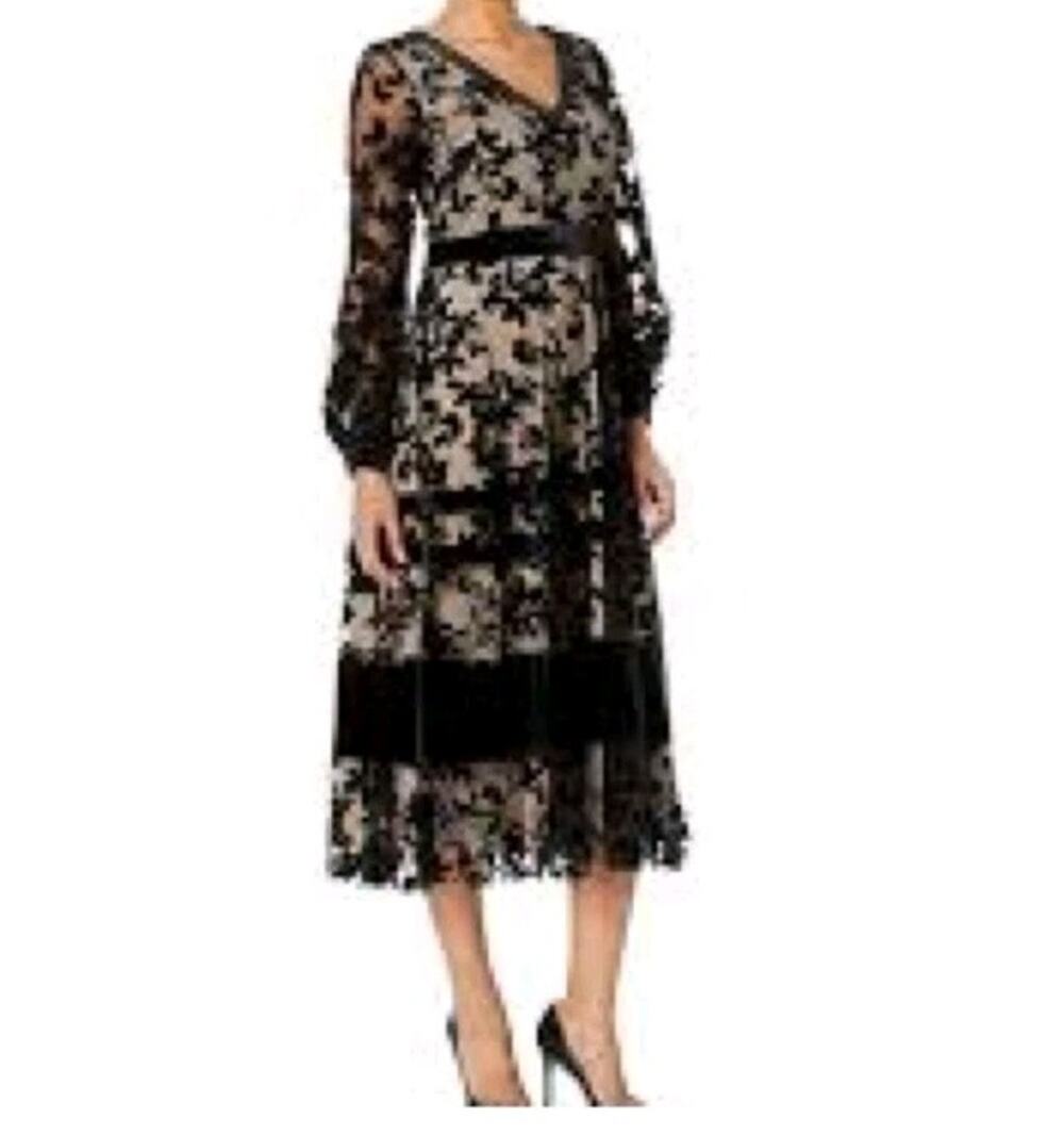Neiman Marcus Lace & Velvet Overlay Midi Dress Black Floral Size 6
